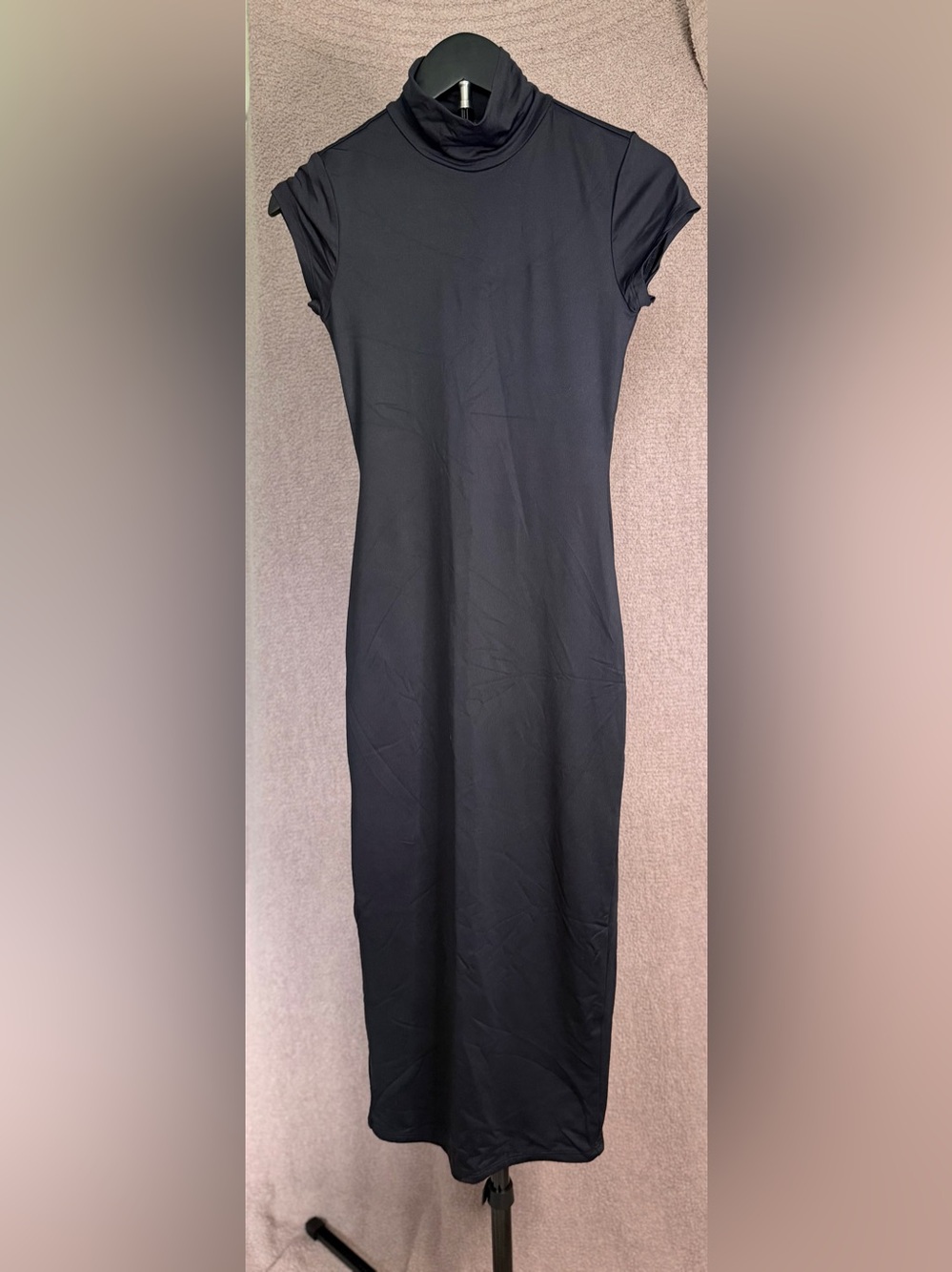 Forever 21 Black Bodycon Midi Dress Mock Turtleneck Cap Sleeve Minimalist S